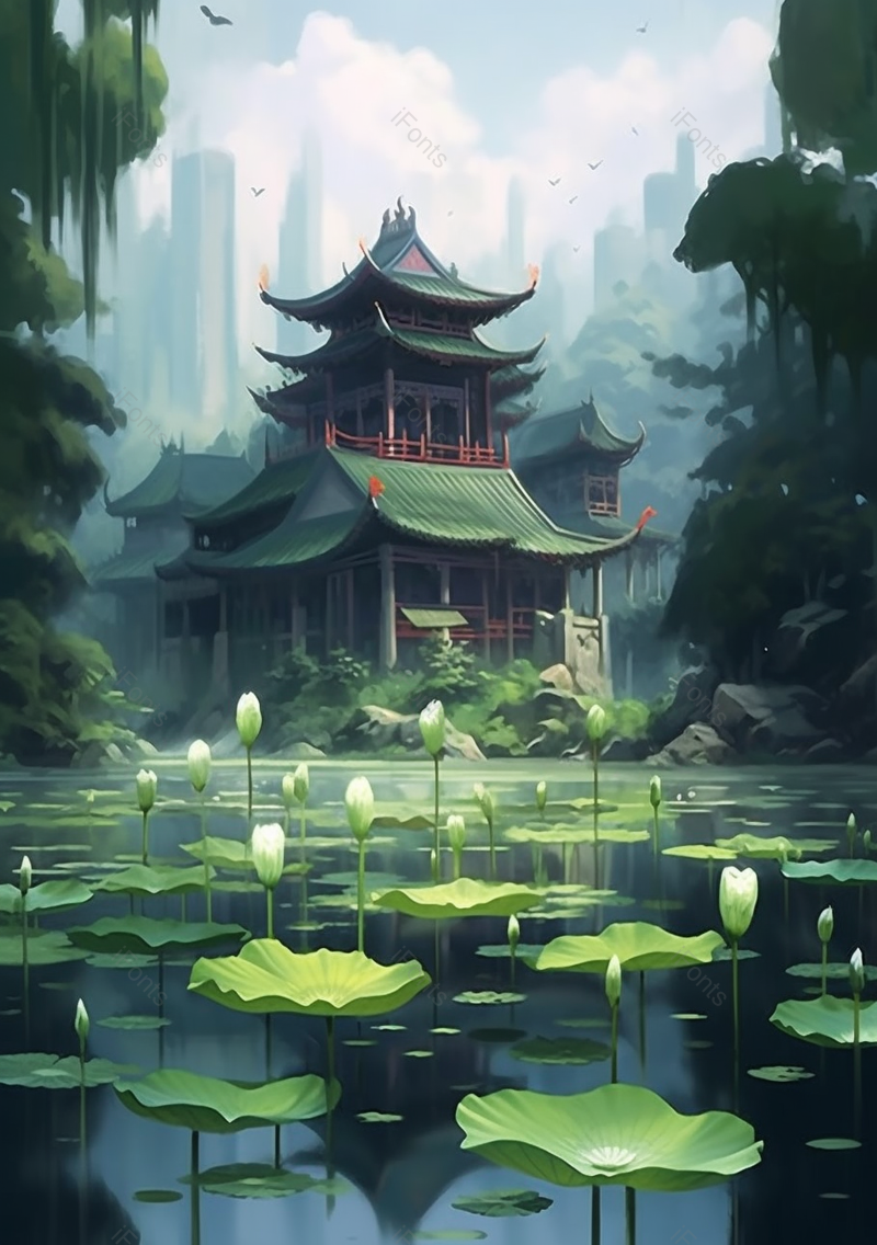 绿色唯美清新荷塘古建筑插画背景,插画/手绘图,插画/手绘图库,插画/手绘图下载,插画/手绘